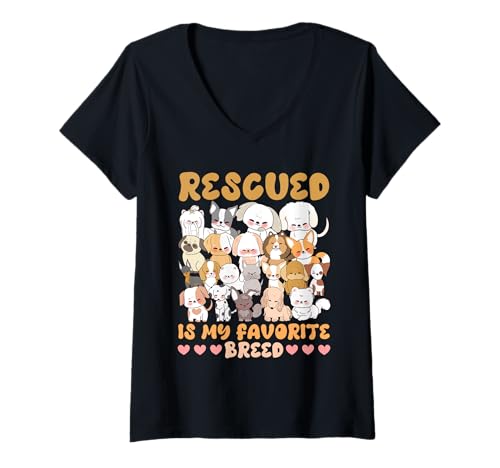 Damen Tierwohl RESCUED IS MY FAVORITE BREED LUSTIG Tierrechte T-Shirt mit V-Ausschnitt von Tierschutz Shirt Tierrechte Tierschützer Tierwohl