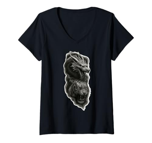 Damen Drache & Tiger – Kräfte des Gleichgewichts Chinesisches T-Shirt mit V-Ausschnitt von Tierwelten Shop IBK