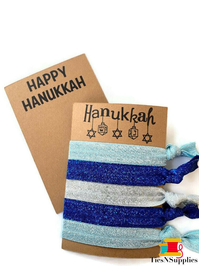Glückliche Chanukka-Karte Mit Glitzer-Krawatten - Armband/Haare Gummiband-Geschenkset 6 Krawatten, Themenkarte Blau Und Silber Versand Kostenlos von TiesNSupplies