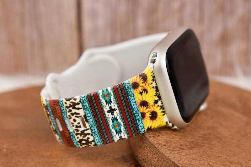 Western Cow Sunflower Türkis Leopard Print Silikon Uhrenband Kompatibel Mit Apple Watch Fitbit Samsung Garmin von TiffaniLinkDesigns