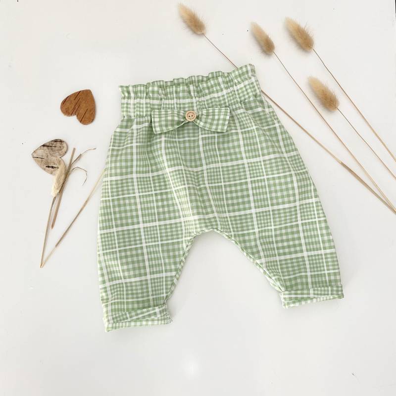 Paperbag Hose Baby 50-92 Sommerhose Lindgrün Weiß Kariert Leichte Baumwollhose Pumphose Mit Schleife Knopf Haremshose Taufkleidung von Tifilou