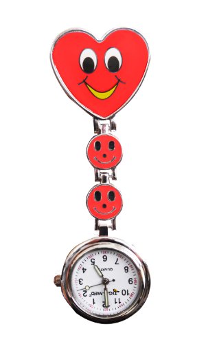 Schwesternuhr Krankenschwesternuhr Top modernes Tigaheart-Smiley Design mit Clip und Batterie Pflegeruhr Kitteluhr Damenuhr Herrenuhr 1 Stück (Rot) von Tiga-Med
