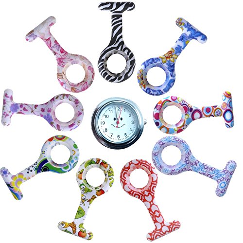 Tiga-Med Schwesternuhr Schwesternuhren 9er Design Set Qualitäts-Batterie (1x Uhr + 9 Design Silikonhüllen) Kitteluhr Krankenschwesteruhr von Tiga-Med