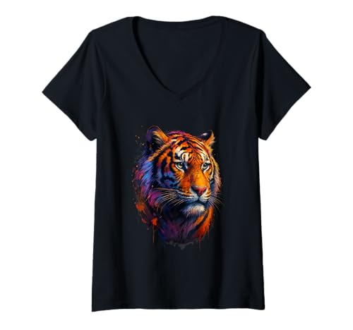 Damen Tiger Tierdruck Kunst Tierliebhaber Bunter Tiger T-Shirt mit V-Ausschnitt Damen Tiger Tierdruck Kunst Tierliebhaber Bunter Tiger T-Shirt mit V-Ausschnitt von Tiger Buntes Freiheitssymbol Design Tierfreunde