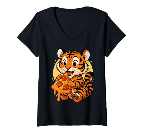 Damen Lustiger Tiger isst Pizza Grafik Jungen Mädchen Tiger Lover T-Shirt mit V-Ausschnitt Damen Lustiger Tiger isst Pizza Grafik Jungen Mädchen Tiger Lover T-Shirt mit V-Ausschnitt von Tiger Eating Pizza Graphic Design