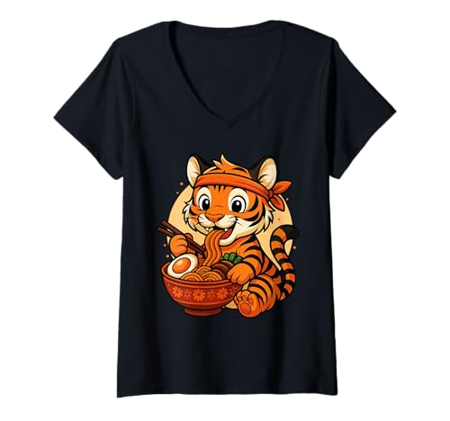 Damen Kawaii Tiger Eating Ramen Grafik Japanischer Tiger Grafik T-Shirt mit V-Ausschnitt von Tiger Eating Ramen Funny Japanese Kawaii Design