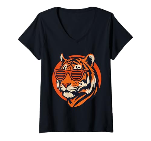 Damen Tiger mit Sonnenbrille T-Shirt mit V-Ausschnitt Damen Tiger mit Sonnenbrille T-Shirt mit V-Ausschnitt von Tiger Fans