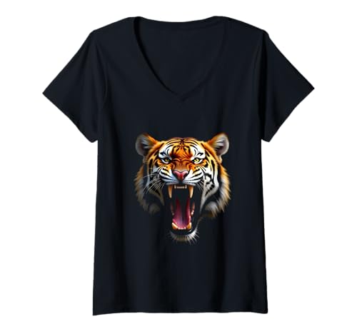 Damen Wütender Tigerkopf, brüllend, wildes Tier, Dschungelkunst T-Shirt mit V-Ausschnitt von Tiger Fun Designs