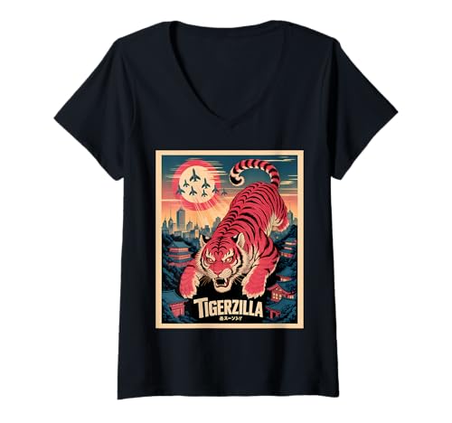 Damen Lustiges Tigerzilla Tiger T-Shirt mit V-Ausschnitt Damen Lustiges Tigerzilla Tiger T-Shirt mit V-Ausschnitt von Tiger Geschenke Herren Damen Jungen Mädchen