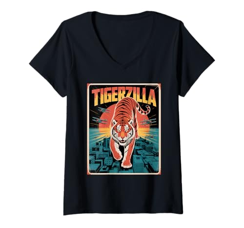 Damen Lustiges Tigerzilla Tiger T-Shirt mit V-Ausschnitt Damen Lustiges Tigerzilla Tiger T-Shirt mit V-Ausschnitt von Tiger Geschenke Herren Damen Jungen Mädchen