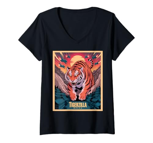 Damen Lustiges Tigerzilla Tiger T-Shirt mit V-Ausschnitt Damen Lustiges Tigerzilla Tiger T-Shirt mit V-Ausschnitt von Tiger Geschenke Herren Damen Jungen Mädchen