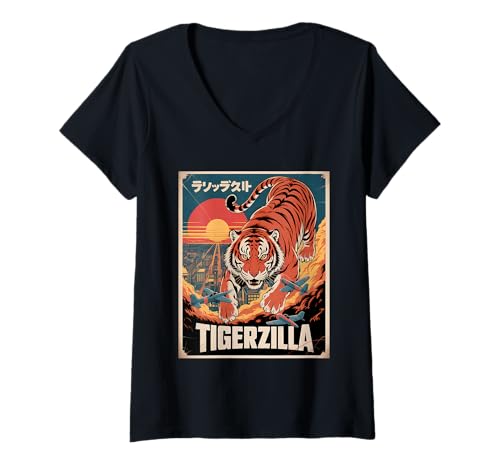 Damen Lustiges Tigerzilla Tiger T-Shirt mit V-Ausschnitt Damen Lustiges Tigerzilla Tiger T-Shirt mit V-Ausschnitt von Tiger Geschenke Herren Damen Jungen Mädchen