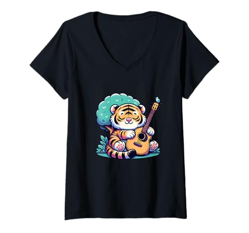 Damen Niedlicher Tiger Gitarre Musik Wald Vogel T-Shirt mit V-Ausschnitt Damen Niedlicher Tiger Gitarre Musik Wald Vogel T-Shirt mit V-Ausschnitt von Tiger Gitarre Musik Niedlich Wald Vogel