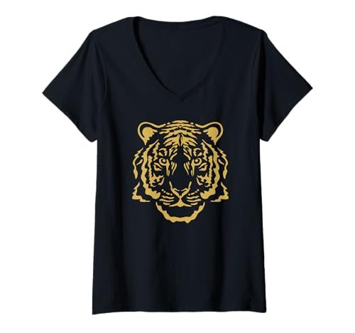 Damen Tiger Großkatze Raubkatze Tigerkopf T-Shirt mit V-Ausschnitt Damen Tiger Großkatze Raubkatze Tigerkopf T-Shirt mit V-Ausschnitt von Tiger Großkatzen Asien Tiere