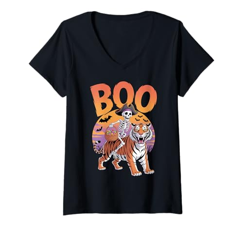 Damen Gruseliges Tiger-Kostüm auf Boo Tiger Halloween T-Shirt mit V-Ausschnitt von Tiger Halloween kids, women, men
