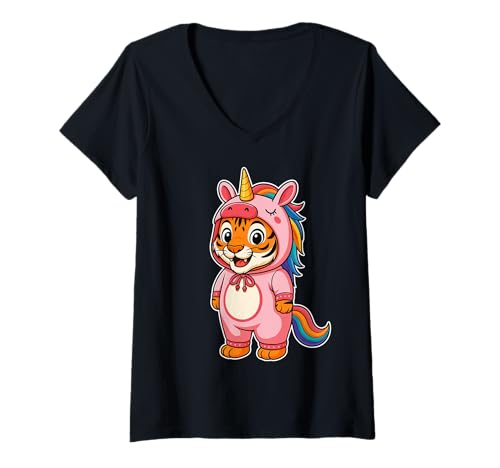 Damen Kawaii Tiger im Einhorn Kostüm für Mädchen Kinder Einhorn Liebhaber T-Shirt mit V-Ausschnitt Damen Kawaii Tiger im Einhorn Kostüm für Mädchen Kinder Einhorn Liebhaber T-Shirt mit V-Ausschnitt von Tiger In Unicorn Costume Kawaii Design