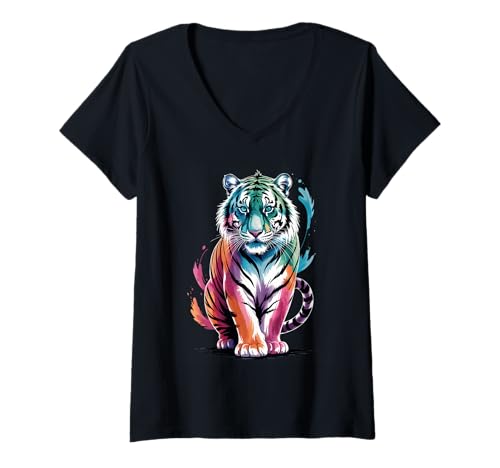Damen Farbenfroher Tiger-Poster-Stil, Farbspritzer, Kunstgrafik T-Shirt mit V-Ausschnitt Damen Farbenfroher Tiger-Poster-Stil, Farbspritzer, Kunstgrafik T-Shirt mit V-Ausschnitt von Tiger Lover Apparel & Arts