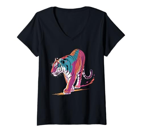 Damen Tiger Poster Stil Bunte Farbspritzer Kunst Grafik T-Shirt mit V-Ausschnitt von Tiger Lover Apparel & Arts
