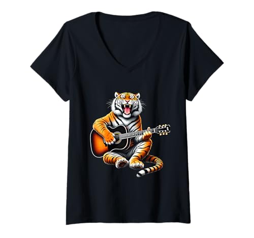 Damen Tiger spielt Gitarre Design Lustiger Tiger T-Shirt mit V-Ausschnitt Damen Tiger spielt Gitarre Design Lustiger Tiger T-Shirt mit V-Ausschnitt von Tiger Lovers Designs