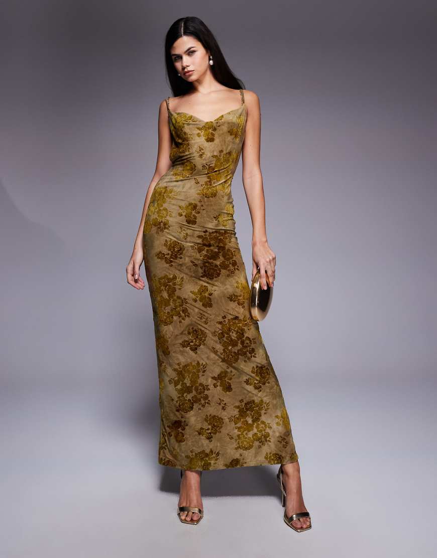 Tiger - Mist Sparrow - Maxikleid in Grün mit Ausbrennermuster, Wasserfallausschnitt und Perlenverzierung am Rücken Tiger - Mist Sparrow - Maxikleid in Grün mit Ausbrennermuster, Wasserfallausschnitt und Perlenverzierung am Rücken von Tiger Mist
