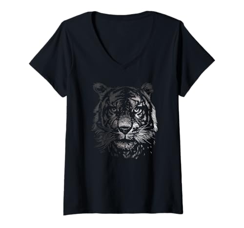 Damen Tiger Großkatze Raubkatze Monochrome Tigerkopf T-Shirt mit V-Ausschnitt Damen Tiger Großkatze Raubkatze Monochrome Tigerkopf T-Shirt mit V-Ausschnitt von Tiger Monochrome Großkatzen Asien Raubtiere