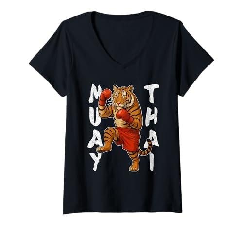 Damen Muay Thai Tiger Kickboxen Kampfsport Training Fighter T-Shirt mit V-Ausschnitt von Tiger Muay Thai Fighter Martial Arts Gear