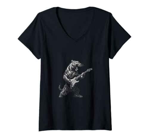 Damen Tiger spielt Gitarre Rock and Roll Rock Star Männer Frauen Kinder T-Shirt mit V-Ausschnitt von Tiger Playing Guitar Rock and Roll Rock Star 1