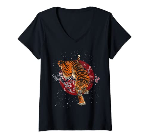 Damen Blumen Tiger T-Shirt mit V-Ausschnitt von Tiger T-Shirts
