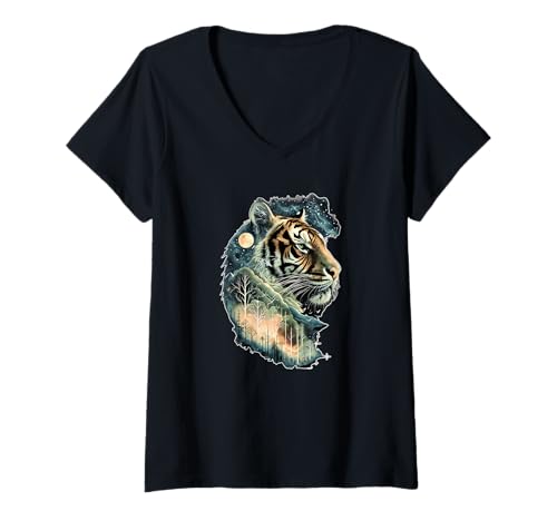 Damen Mystic Tiger Spirit Forest, Himmlischer Dschungel, Tierkunst T-Shirt mit V-Ausschnitt Damen Mystic Tiger Spirit Forest, Himmlischer Dschungel, Tierkunst T-Shirt mit V-Ausschnitt von Tiger Tees Full Moon and Night Sky Nature Designs