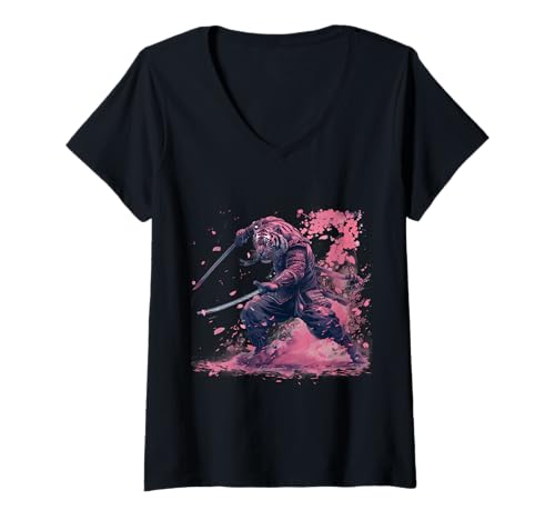 Damen Samurai Tiger Krieger Katana Japan T-Shirt mit V-Ausschnitt Damen Samurai Tiger Krieger Katana Japan T-Shirt mit V-Ausschnitt von Tiger als Samurai, Ninja Designs