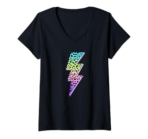 Damen Lightning Bolt Leopard Geparden-Druck, Mehrfarbig T-Shirt mit V-Ausschnitt Damen Lightning Bolt Leopard Geparden-Druck, Mehrfarbig T-Shirt mit V-Ausschnitt von Tiger and Bolt Apparel