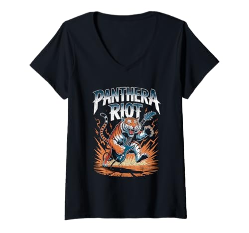 Damen Panthera Riot Tiger spielt Gitarre Power Rock Explosion T-Shirt mit V-Ausschnitt Damen Panthera Riot Tiger spielt Gitarre Power Rock Explosion T-Shirt mit V-Ausschnitt von TigerAmp