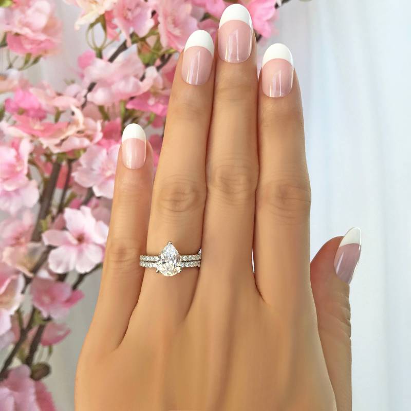 2 Ctw Birnen Akzent Braut Set, Birne Solitär Verlobungsring, Halb Ewigkeit Pave Ehering, Künstliche Diamant Simulanten, Sterling Silber von TigerGemstones