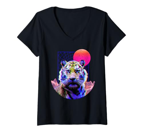 Damen Tiger Dschungel Wildtier Retro Cyber Animal T-Shirt mit V-Ausschnitt Damen Tiger Dschungel Wildtier Retro Cyber Animal T-Shirt mit V-Ausschnitt von TigerGrid