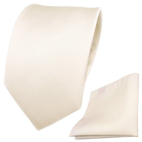 TigerTie Designer Krawatte + Einstecktuch weiß perlweiß creme cremeweiß Uni Rips - Binder Tuch von TigerTie