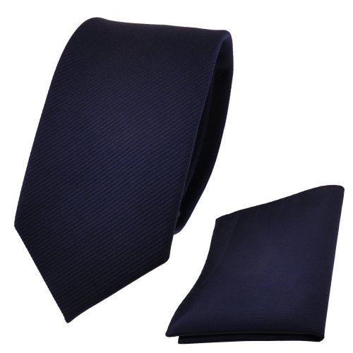 TigerTie - schmale Designer Krawatte + Einstecktuch blau dunkelblau royal Uni Rips - Binder Tuch von TigerTie