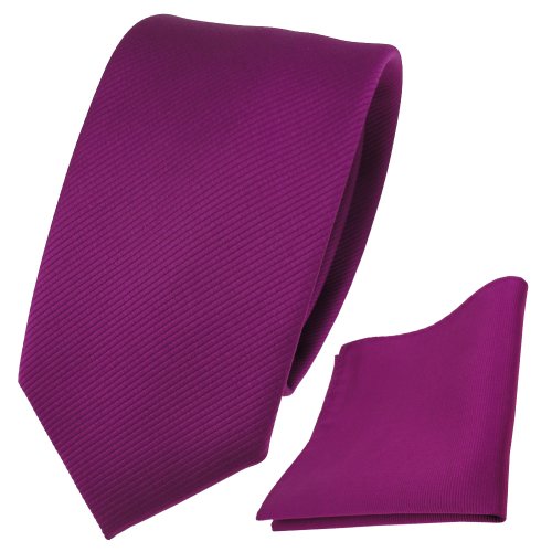 TigerTie - schmale Designer Krawatte + Einstecktuch magenta fuchsia violett Uni Rips - Binder Tuch von TigerTie