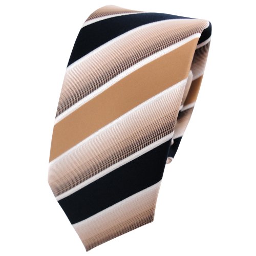 TigerTie - schmale Designer Krawatte in beige braun dunkelblau weiß gestreift von TigerTie