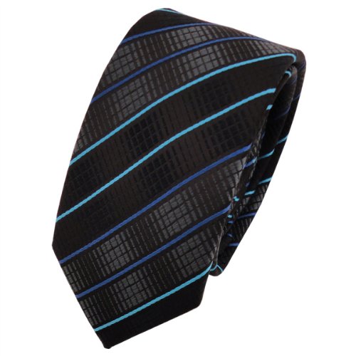 TigerTie - schmale Designer Krawatte in schwarz anthrazit türkis blau gestreift von TigerTie