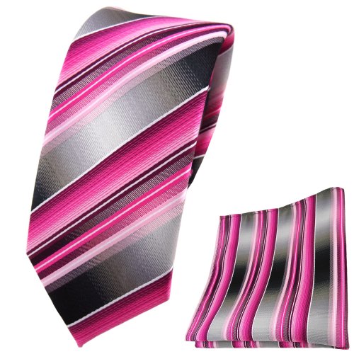 TigerTie - schmale Designer Krawatte Designer Einstecktuch in rosa pink magenta anthrazit silber grau gestreift - Krawattenbreite 6 cm von TigerTie