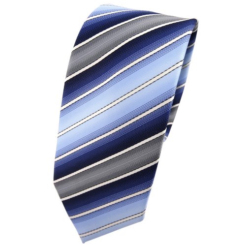 TigerTie - schmale Designer Krawatte in blau hellblau dunkelblau creme grau gestreift von TigerTie