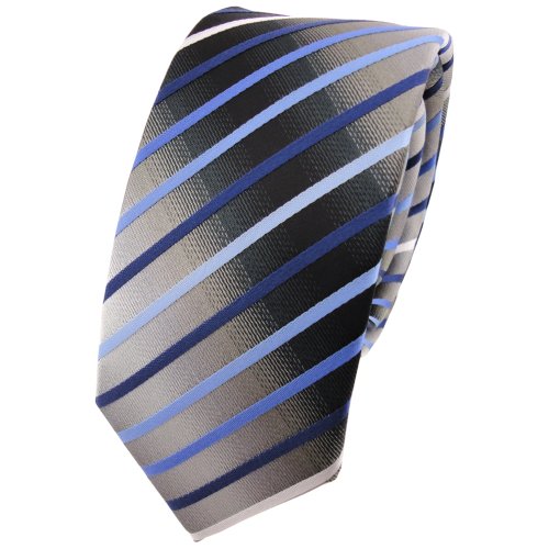 Schmale TigerTie Krawatte blau hellblau silber grau weiß schwarz gestreift - Schlips Binder Tie von TigerTie