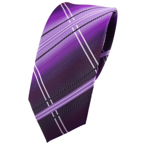 TigerTie - schmale Designer Krawatte in violett lila flieder schwarz silberweiß gestreift gemustert von TigerTie