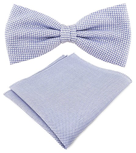 TigerTie Designer Fliege Pique in blau-weiss gemustert, vorgebundene Schleife 100% Baumwolle + Einstecktuch + Fliegenaufbewahrungsbox von TigerTie