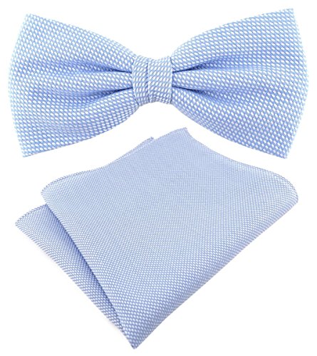 TigerTie Designer Fliege Pique in hellblau-weiss gemustert, vorgebundene Schleife 100% Baumwolle + Einstecktuch + Fliegenaufbewahrungsbox von TigerTie