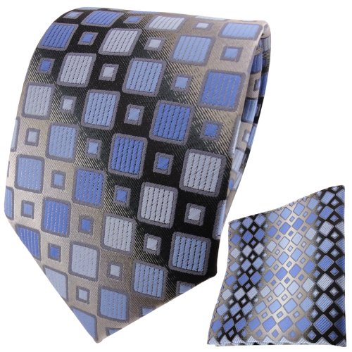 TigerTie Designer Krawatte + Einstecktuch blau hellblau silbergrau kariert von TigerTie