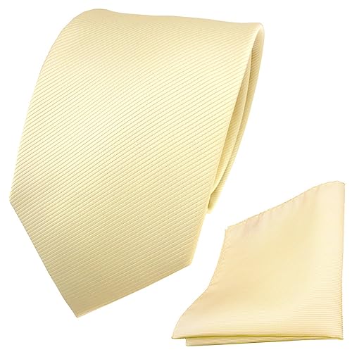 TigerTie Designer Krawatte + Einstecktuch elfenbein champagner hellbeige Uni Rips - Binder Tuch von TigerTie