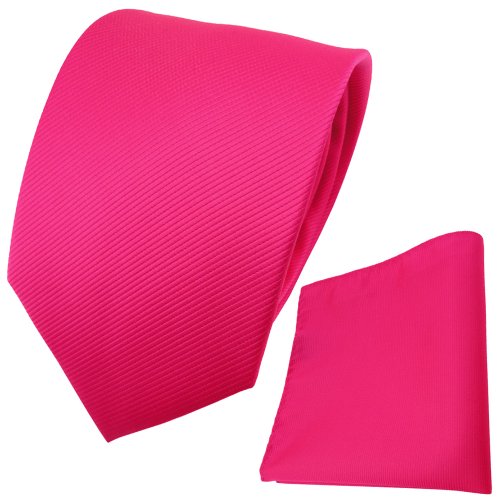 TigerTie Designer Krawatte + Einstecktuch pink knallpink leuchtpink einfarbig Uni Rips - Binder Tuch von TigerTie