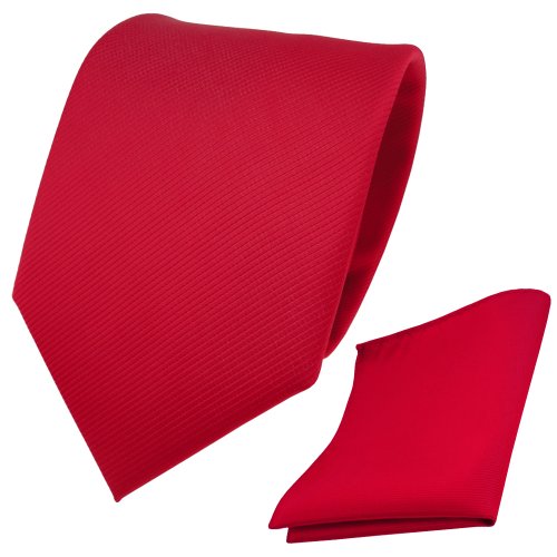 TigerTie Designer Krawatte + Einstecktuch rot verkehrsrot knallrot Uni Rips - Binder Tuch von TigerTie