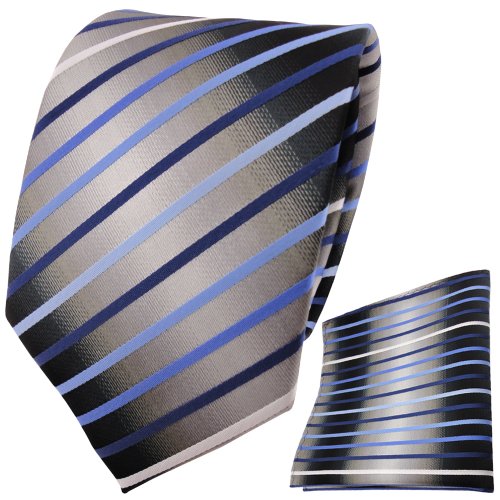 TigerTie Designer Krawatte Designer Einstecktuch in Blau hellblau silber grau weiß schwarz gestreift - Krawattenbreite 8 cm von TigerTie